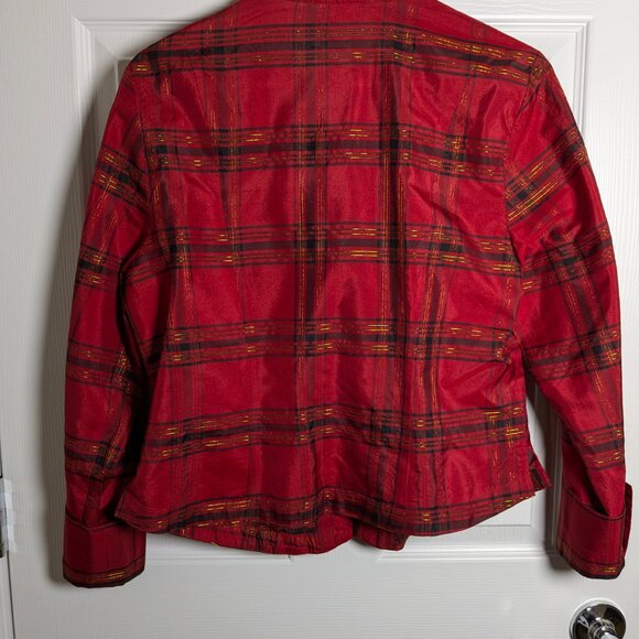 Coldwater Creek Women's Silk Red Gold Metallic Plaid Top Zip Front Petite Medium - Picture 11 of 16